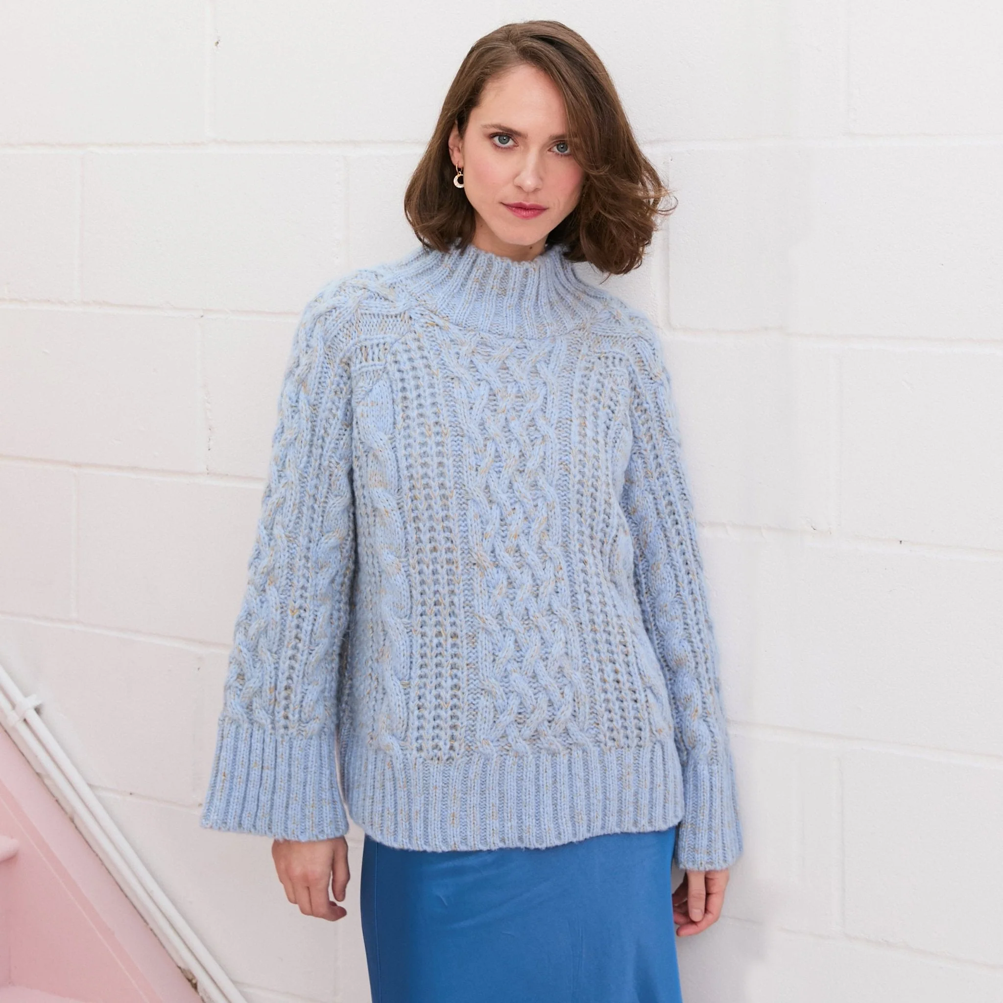 Sarah High Neck Cable Wide Sleeve Jumper - Blue - Image 11