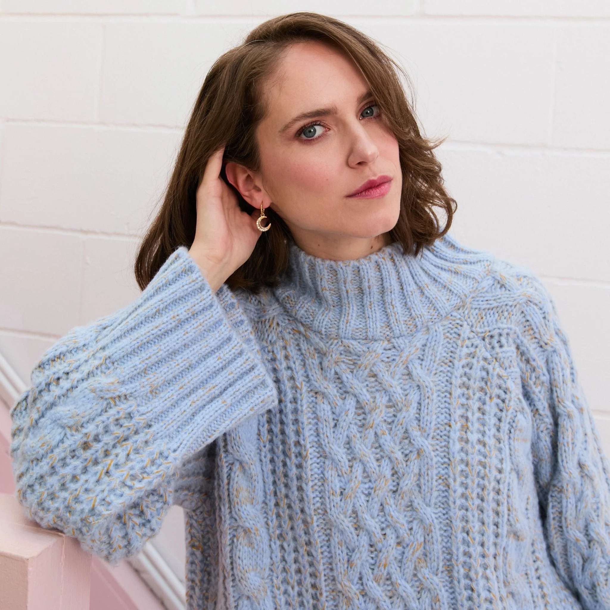Sarah High Neck Cable Wide Sleeve Jumper - Blue - Image 12