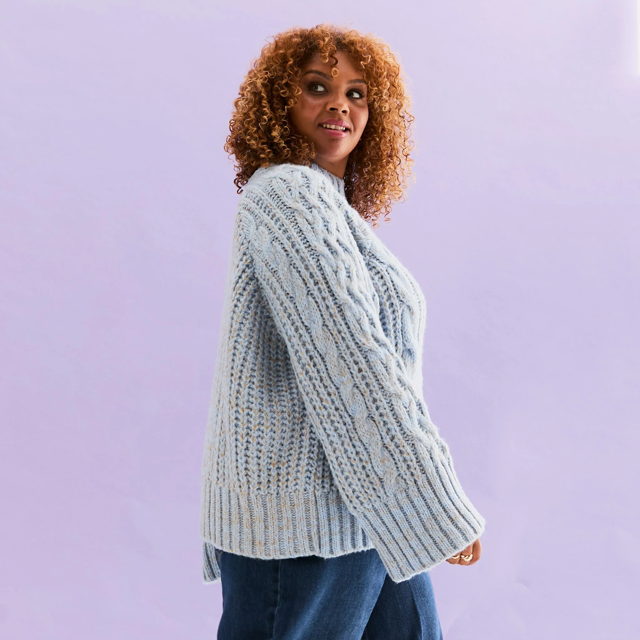 Sarah High Neck Cable Wide Sleeve Jumper - Blue - Image 4
