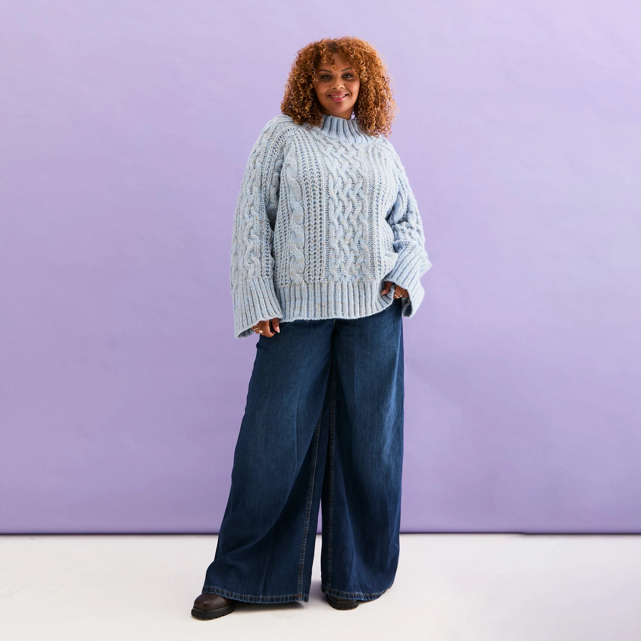 Sarah High Neck Cable Wide Sleeve Jumper - Blue - Image 5