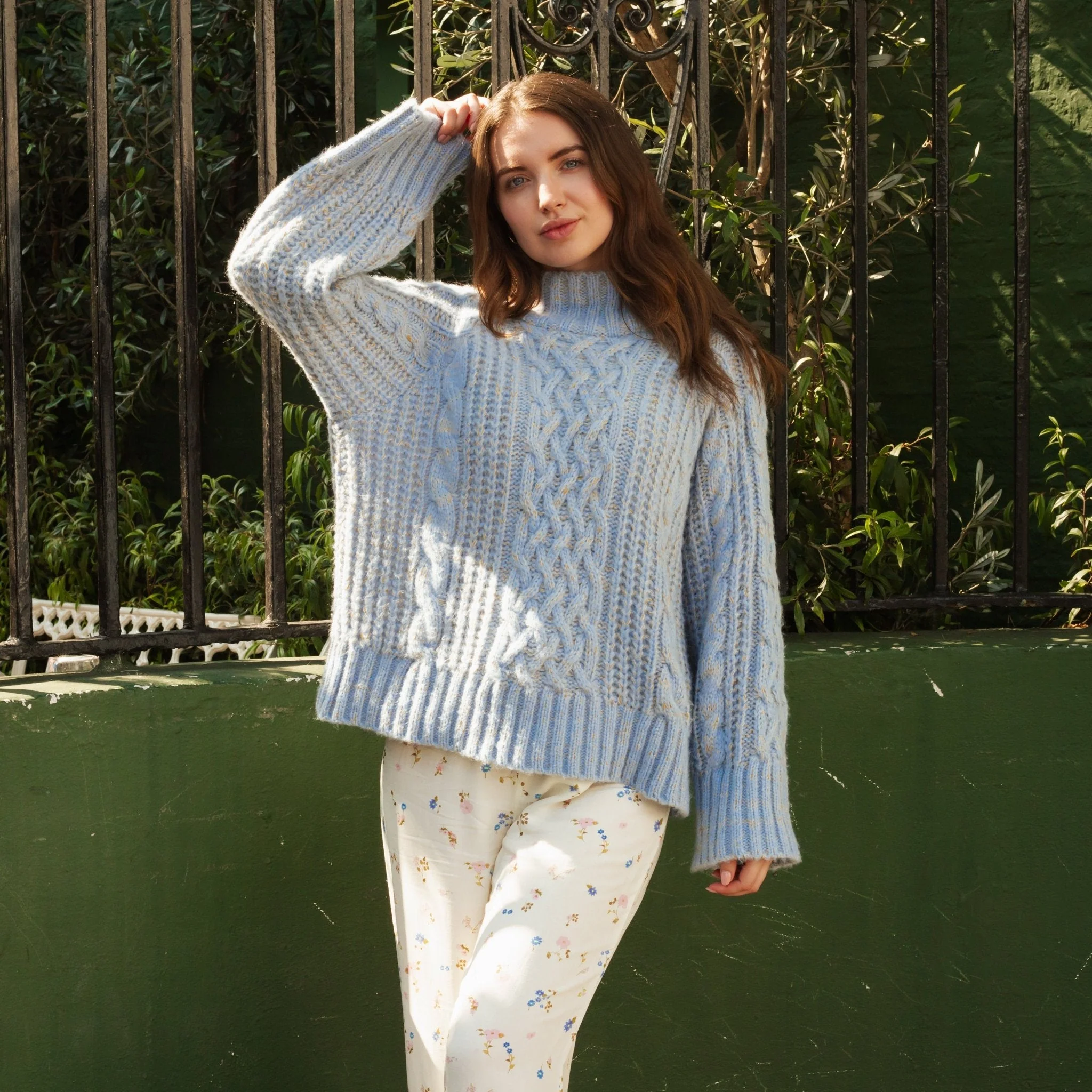 Sarah High Neck Cable Wide Sleeve Jumper - Blue - Image 7