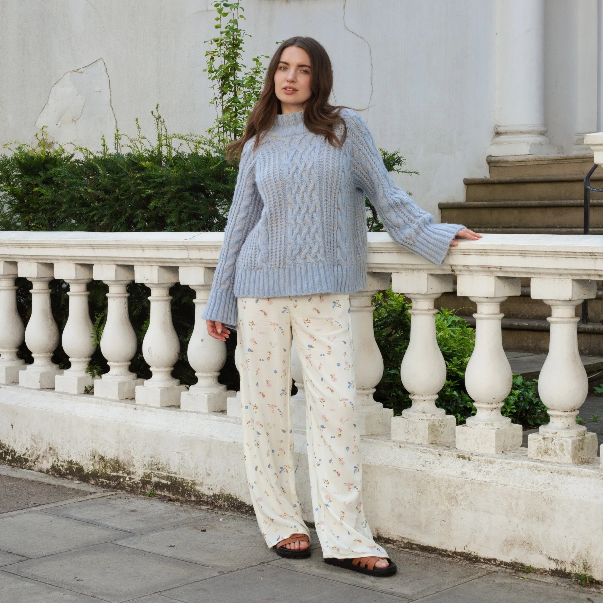 Sarah High Neck Cable Wide Sleeve Jumper - Blue - Image 8