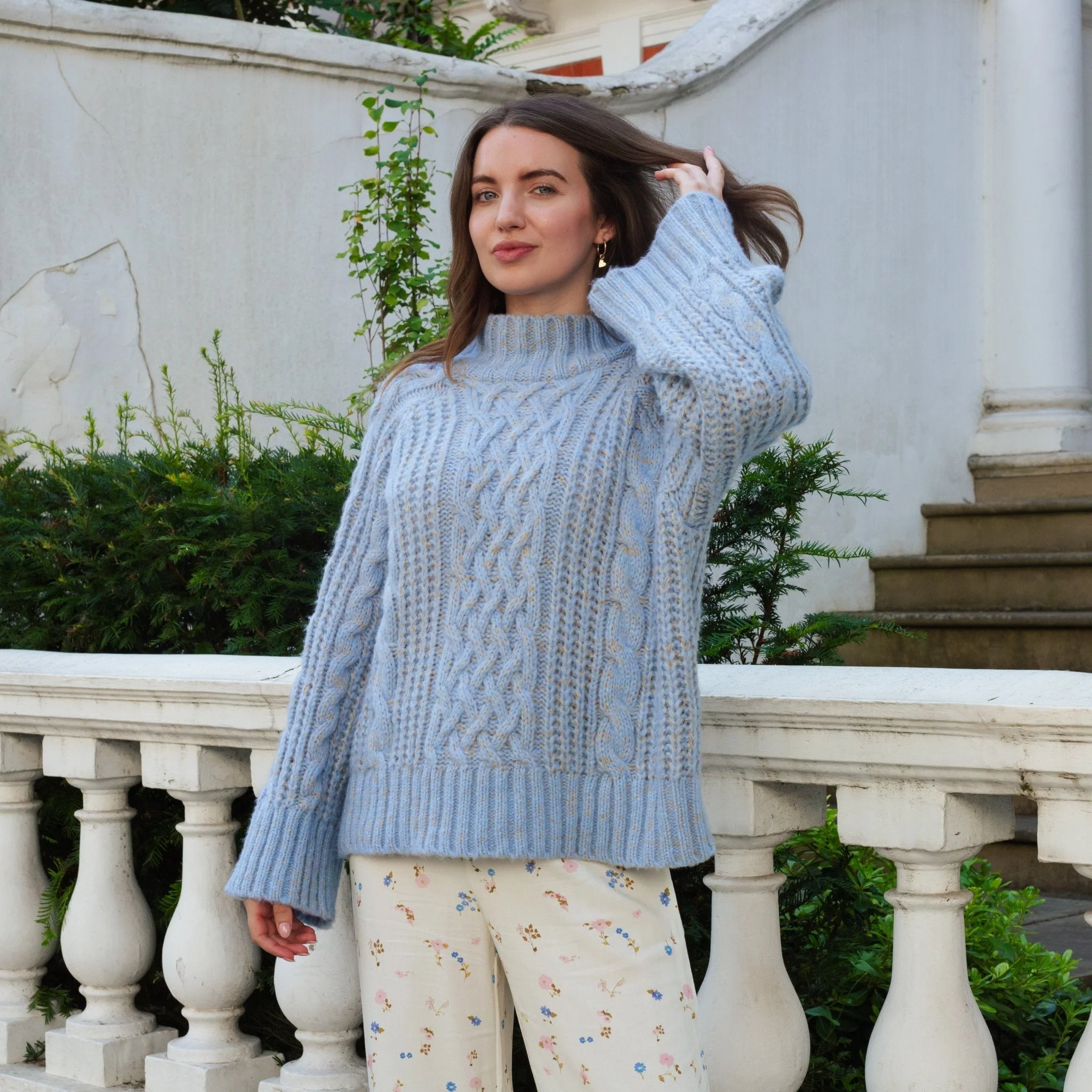 Sarah High Neck Cable Wide Sleeve Jumper - Blue - Image 9