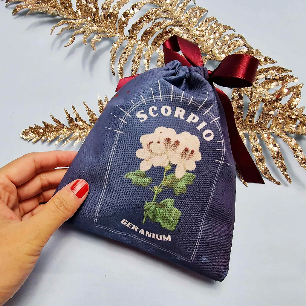 Scorpio Geranium Birth Flower Gift Pouch in Blue and Purple