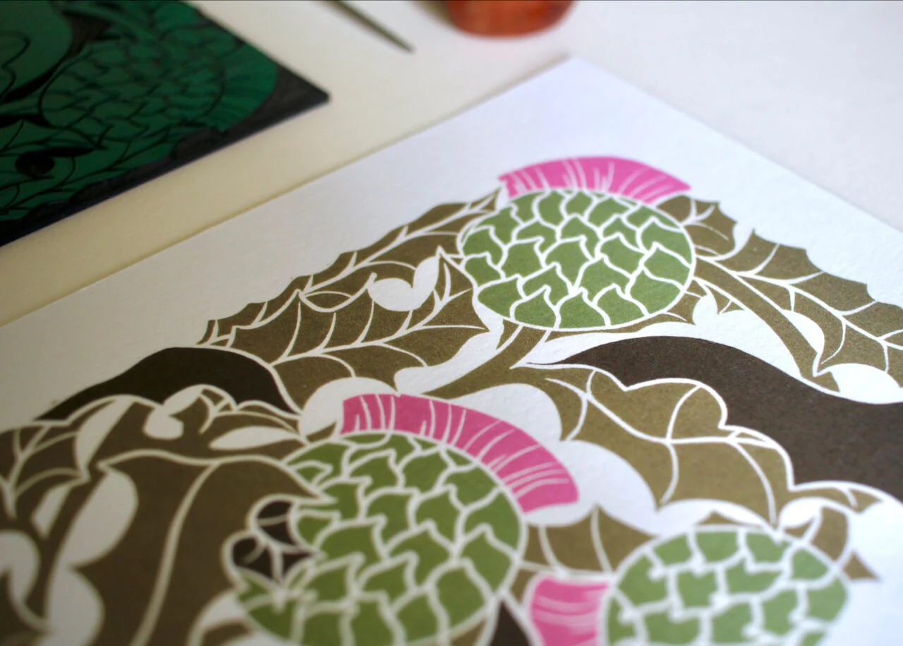 Scottish Thistle Linocut Art Print / Wall Art for Fathers Day, For Her, Gardeners / Thistle Scotland Flower / A5 or A4 Wall Art Print - Image 2