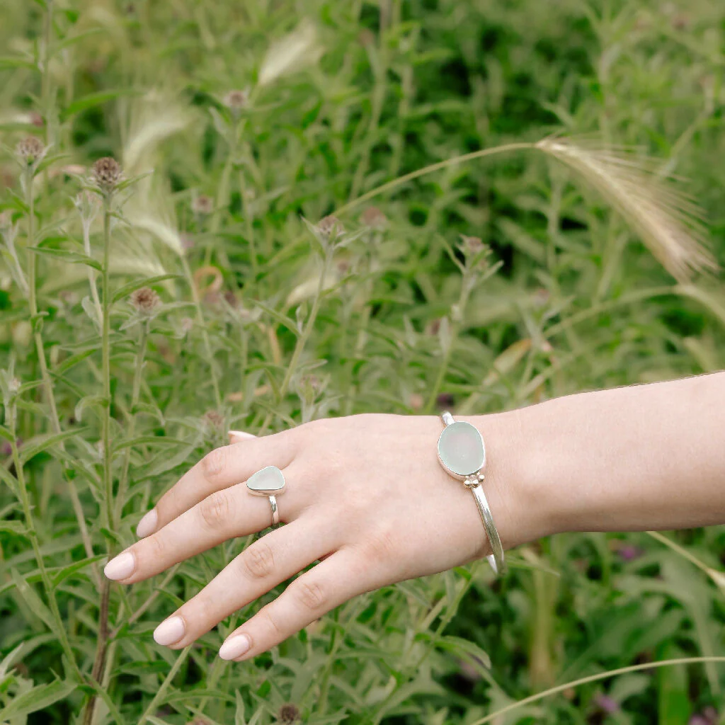 Sea Glass & Silver Oval Bangle - Image 2