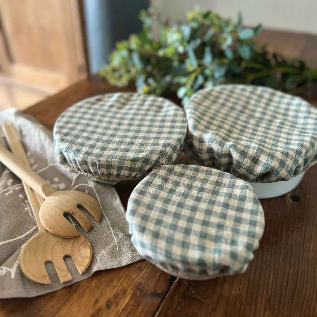 Sea Green Check Linen Bowl Covers Set - Image 4