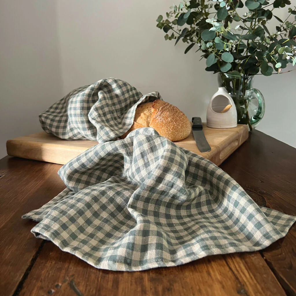 Sea Green Check Linen Tea Towel - Image 2