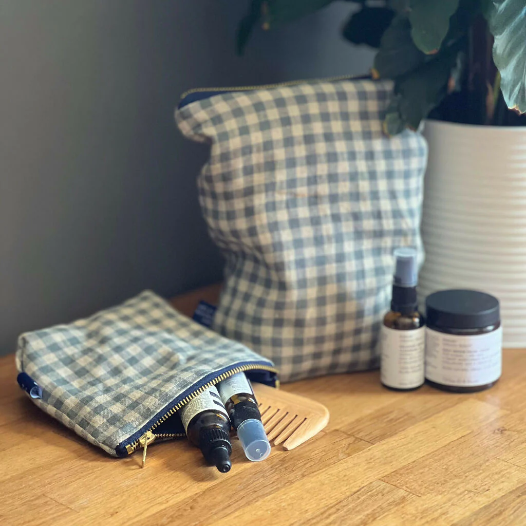 Sea Green Check Linen Toiletry Bag