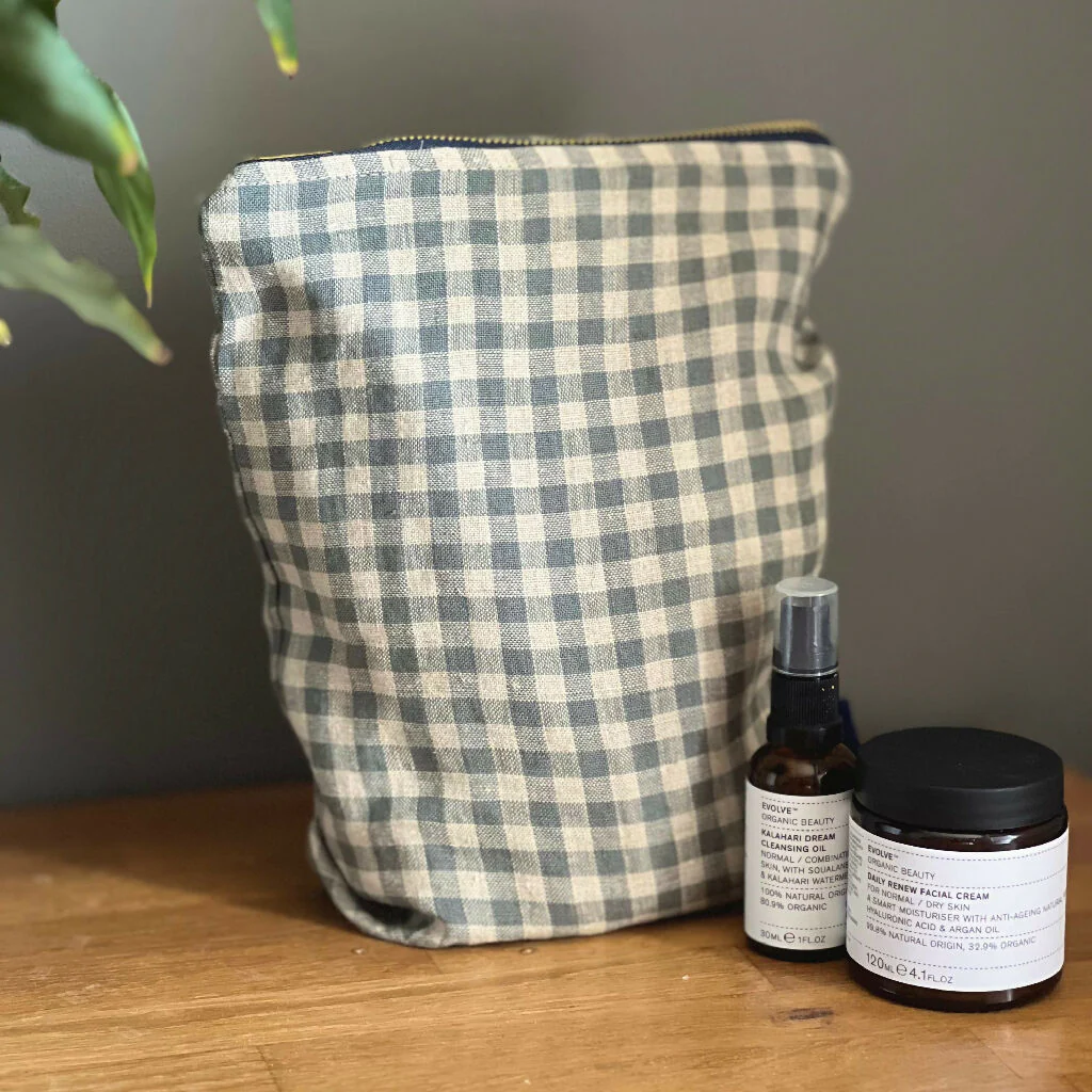 Sea Green Check Linen Toiletry Bag - Image 2