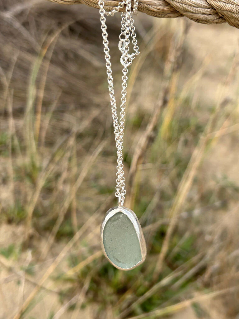 Aqua Green Seaglass silver handmade Necklace - Image 2
