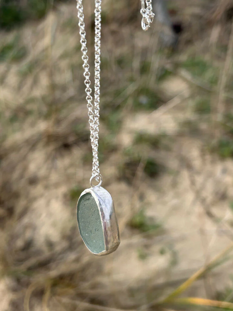 Aqua Green Seaglass silver handmade Necklace - Image 3