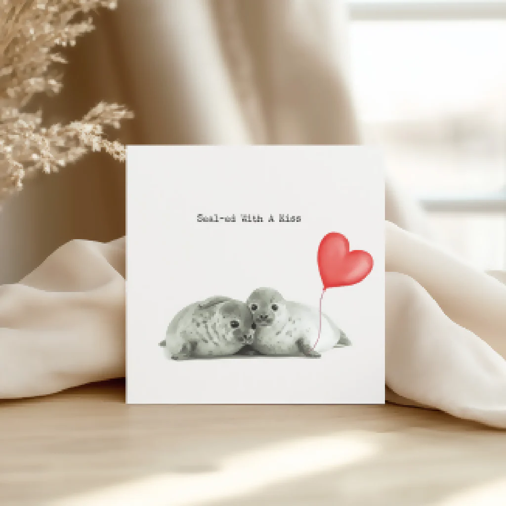 Sealed With a Kiss Card – Cute Seals Hugging with Heart Balloon Love Card for All Occasions - Image 7