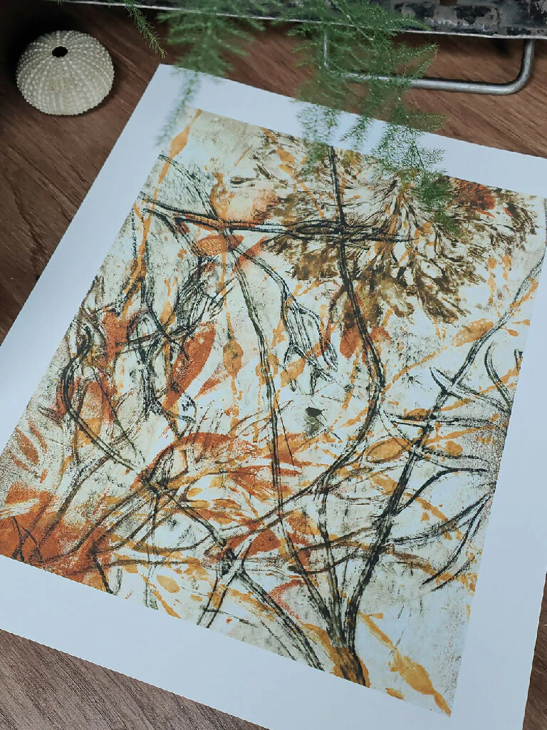 Seaweed Gelli Print Art Giclee Print in Orange and Olive - Image 2