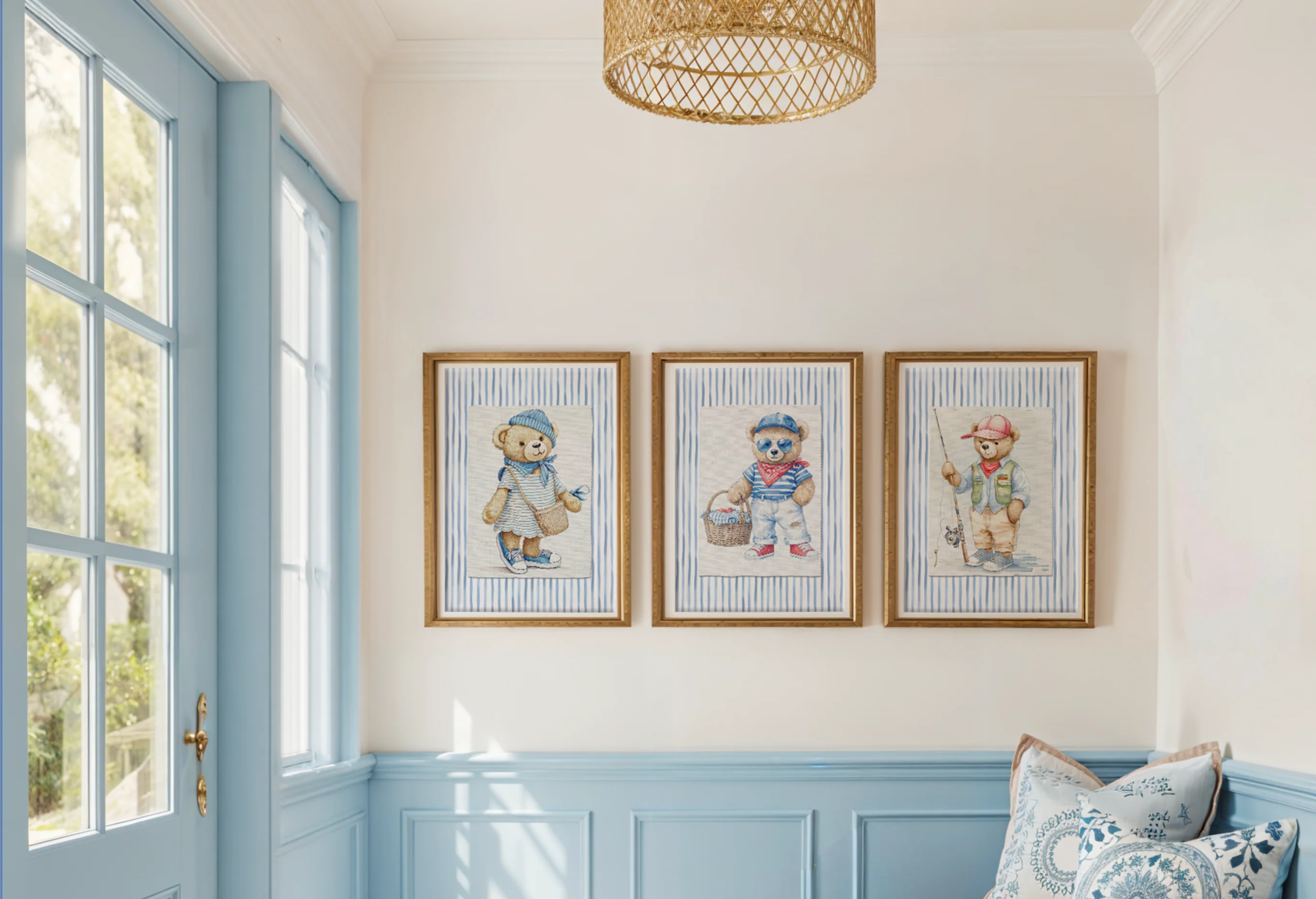 Set of 3 Bear Prints Striped Artwork Gallery Wall Art Hamptons Bear Illustrations