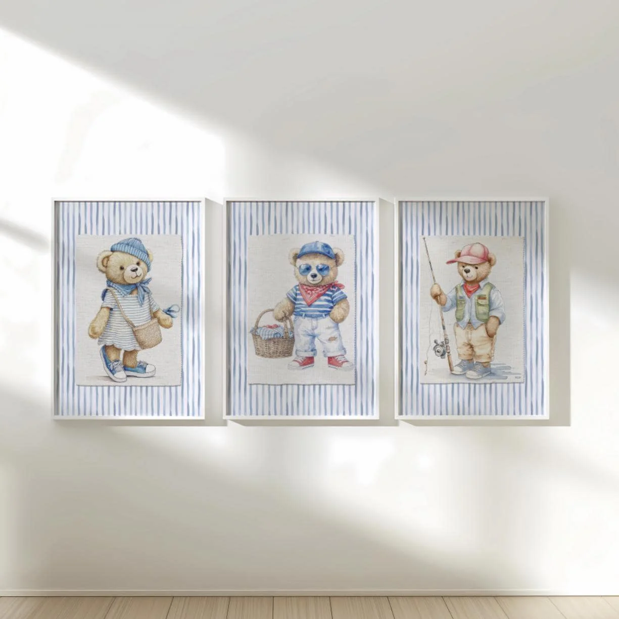 Set of 3 Bear Prints Striped Artwork Gallery Wall Art Hamptons Bear Illustrations - Image 2