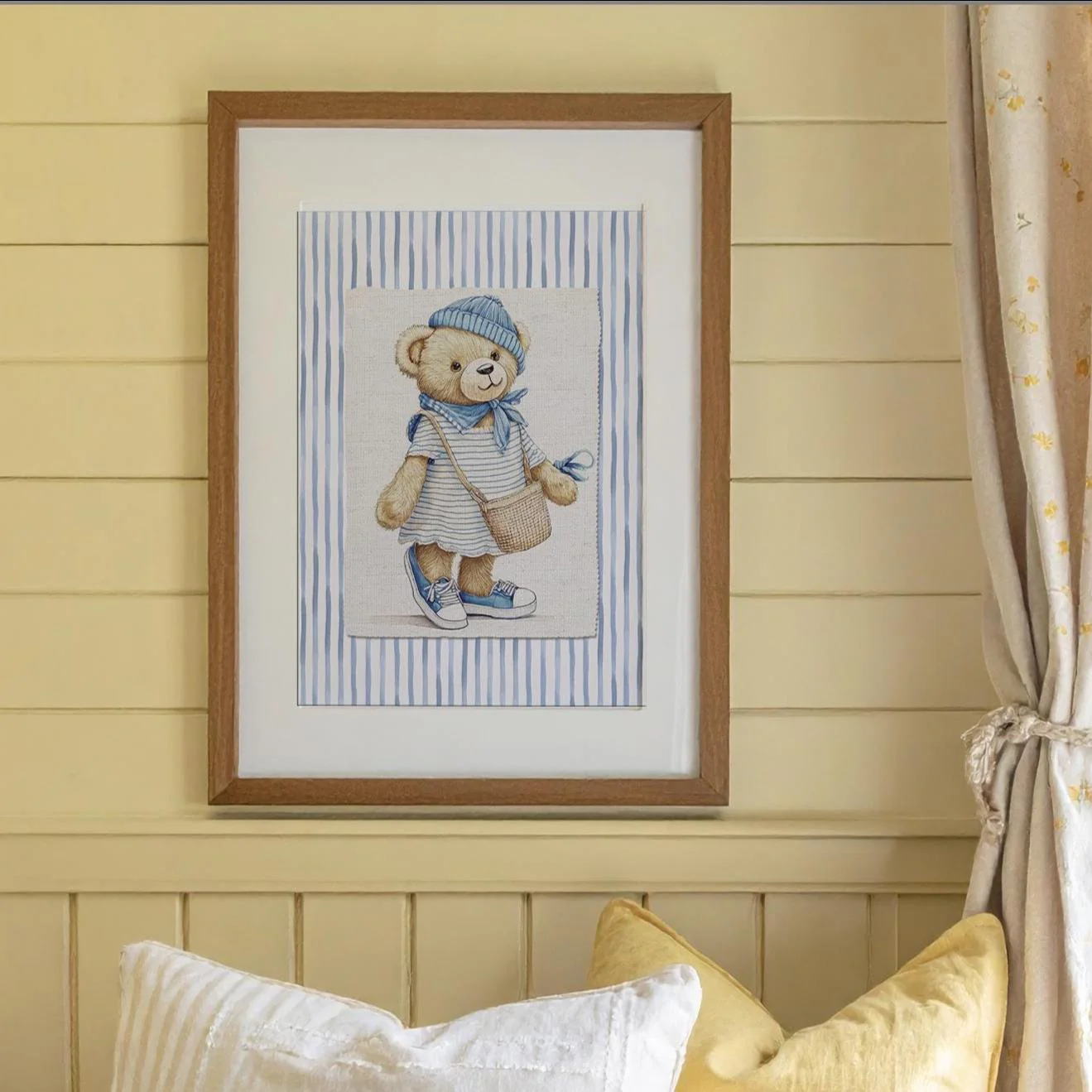 Set of 3 Bear Prints Striped Artwork Gallery Wall Art Hamptons Bear Illustrations - Image 4