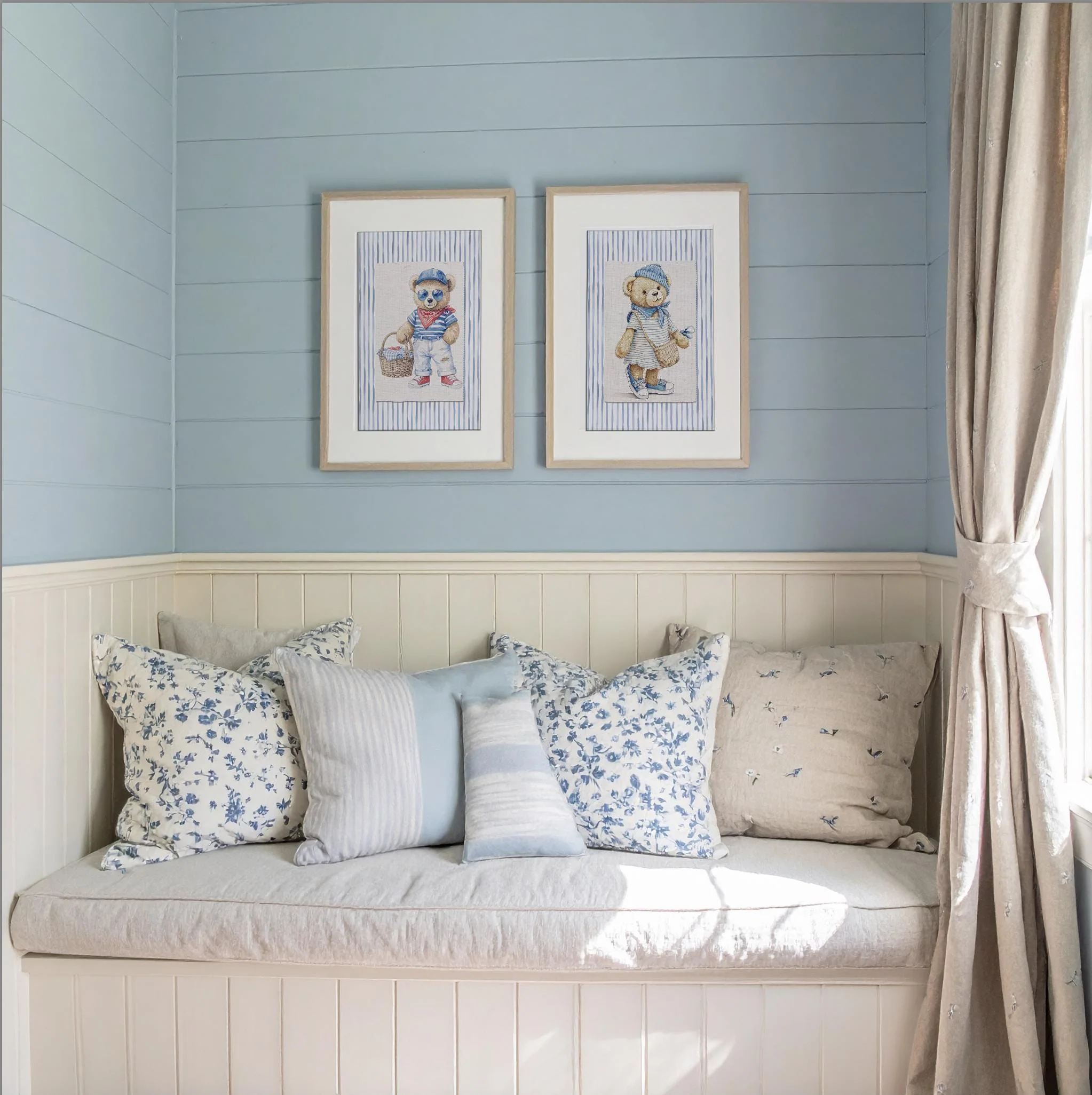 Set of 3 Bear Prints Striped Artwork Gallery Wall Art Hamptons Bear Illustrations - Image 7