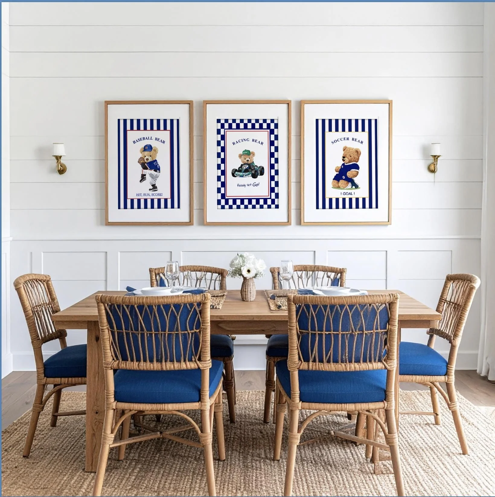 Set of 3 Bear Prints Striped Sport Themed Artwork