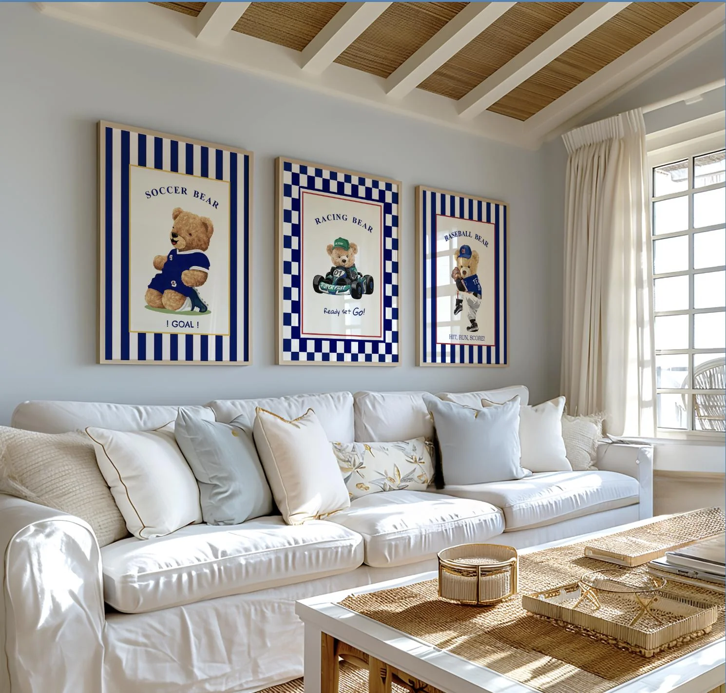 Set of 3 Bear Prints Striped Sport Themed Artwork - Image 2