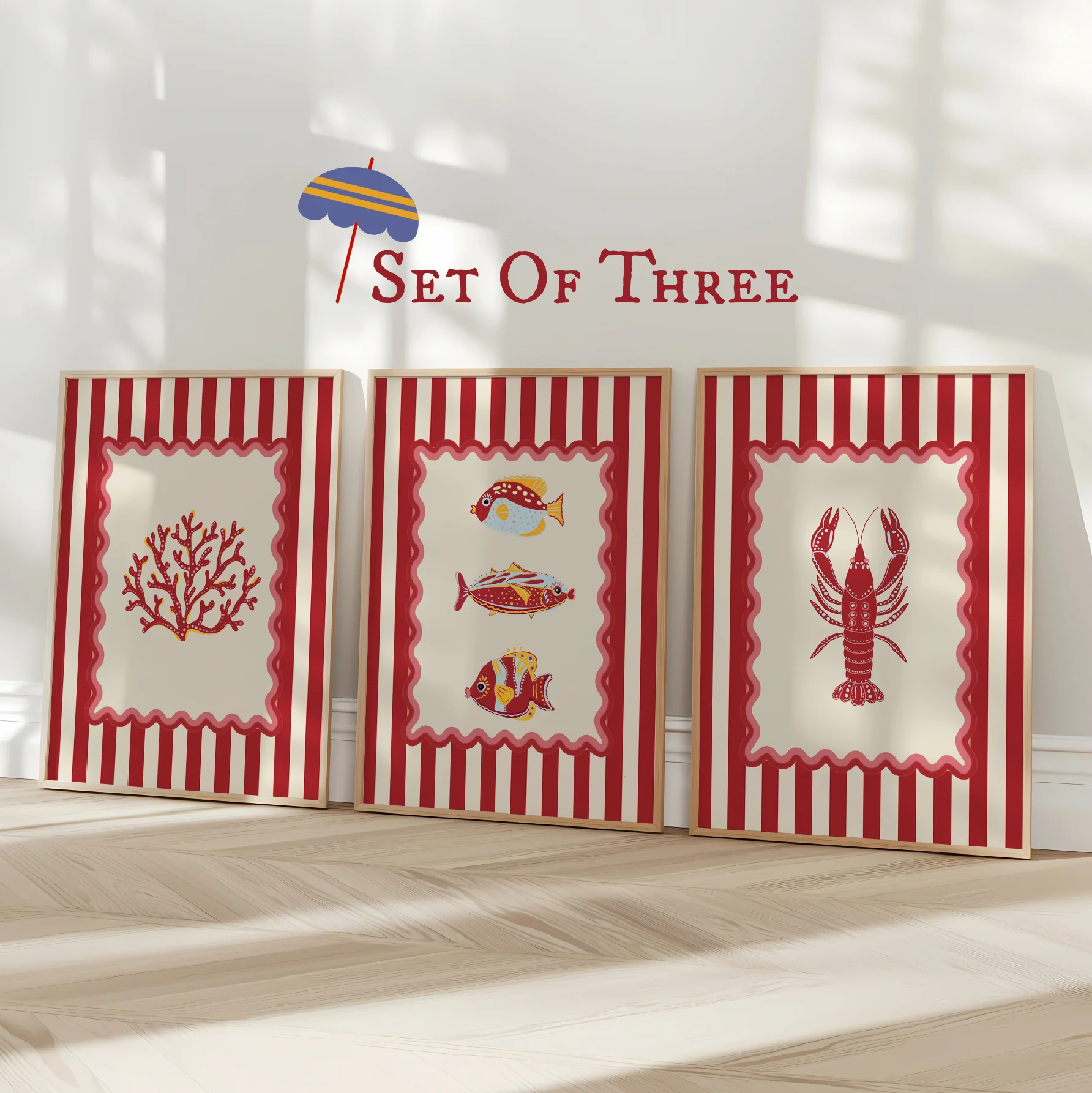 Set of 3 Gallery Prints, Lobster Sardines and Coral Illustration, Wall Art Set - Image 2