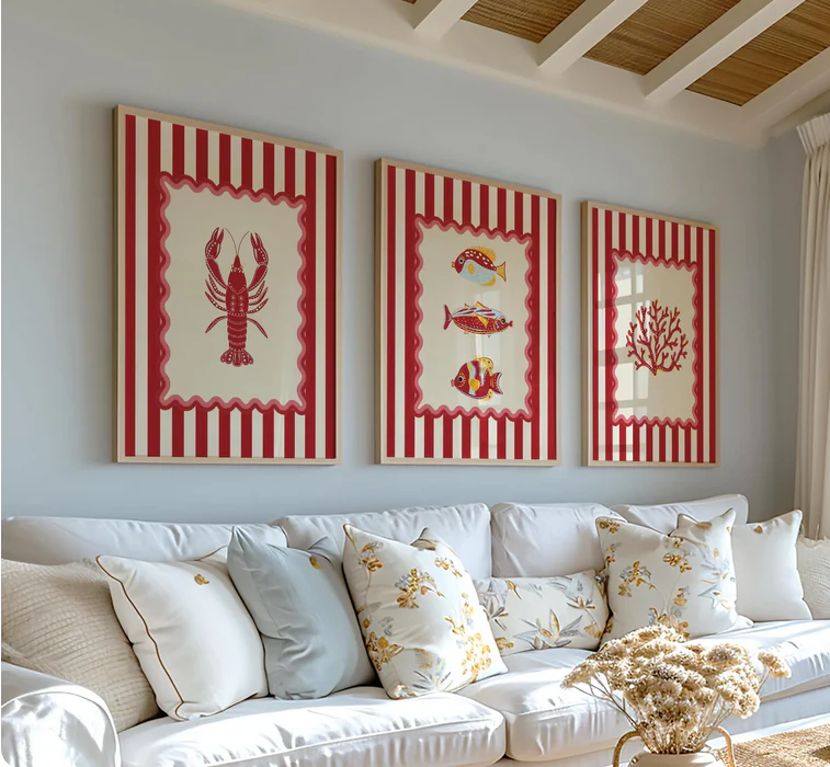 Set of 3 Gallery Prints, Lobster Sardines and Coral Illustration, Wall Art Set - Image 3