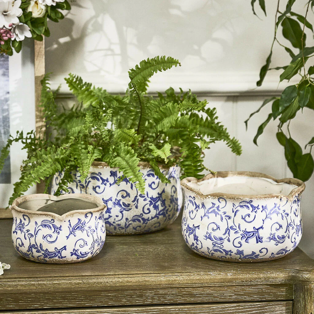 Set of 3 Vintage Solene Blue Botanical Indoor Outdoor Garden Planters