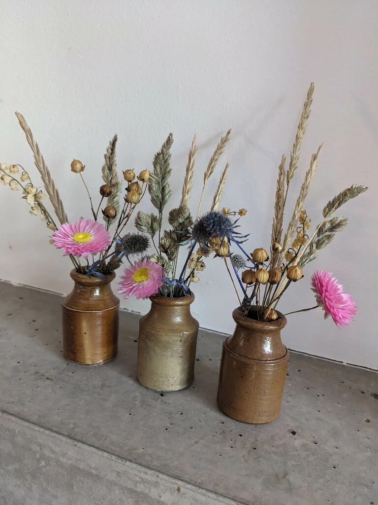 Set of 3 Vintage Stoneware Ink Pot Vases with Dried Flowers - Image 3