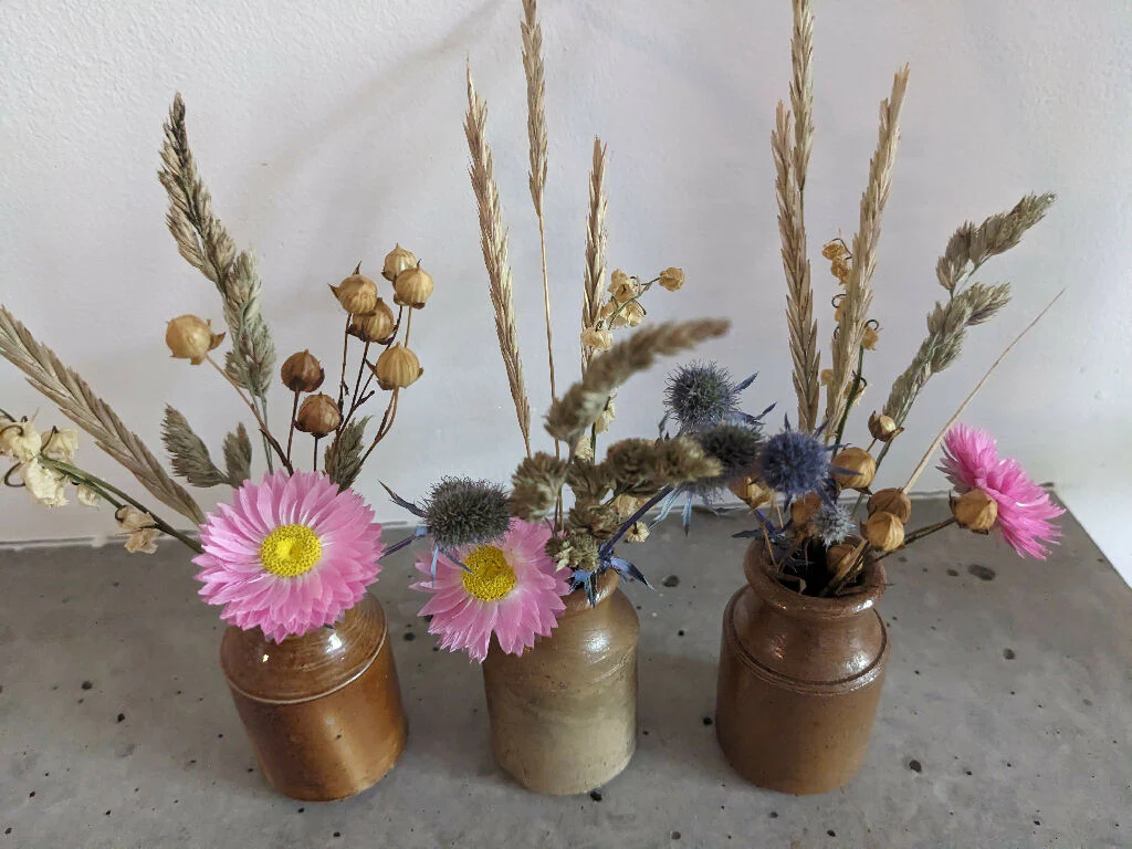 Set of 3 Vintage Stoneware Ink Pot Vases with Dried Flowers - Image 4