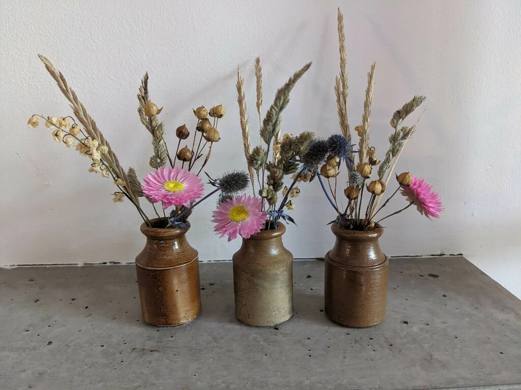 Set of 3 Vintage Stoneware Ink Pot Vases with Dried Flowers - Image 5