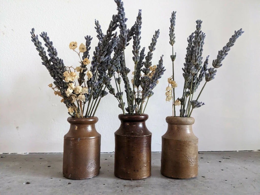 Set of 3 Vintage Stoneware Ink Pot Vases with Dried Flowers - Image 6