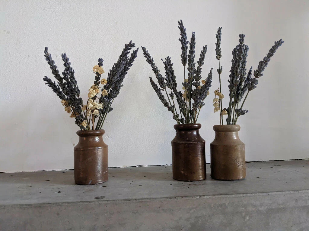 Set of 3 Vintage Stoneware Ink Pot Vases with Dried Flowers - Image 7