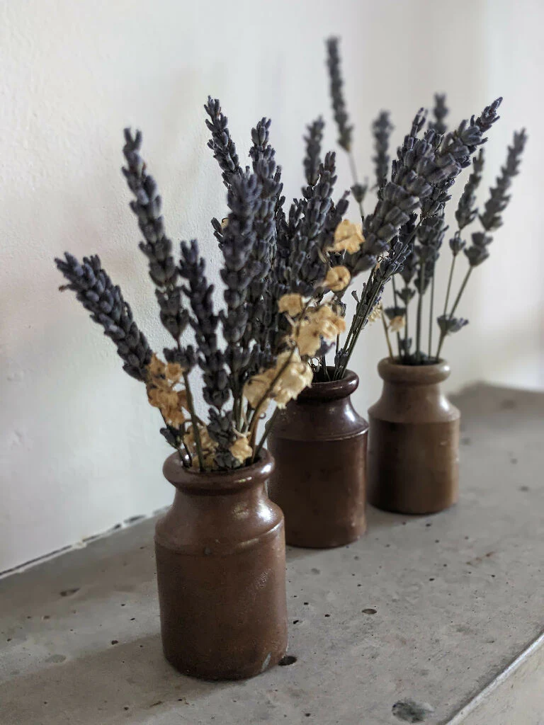 Set of 3 Vintage Stoneware Ink Pot Vases with Dried Flowers - Image 8