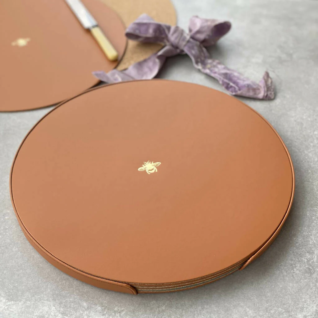 Set of Six Recycled Leather Table Mats with Bee Motif - Image 4