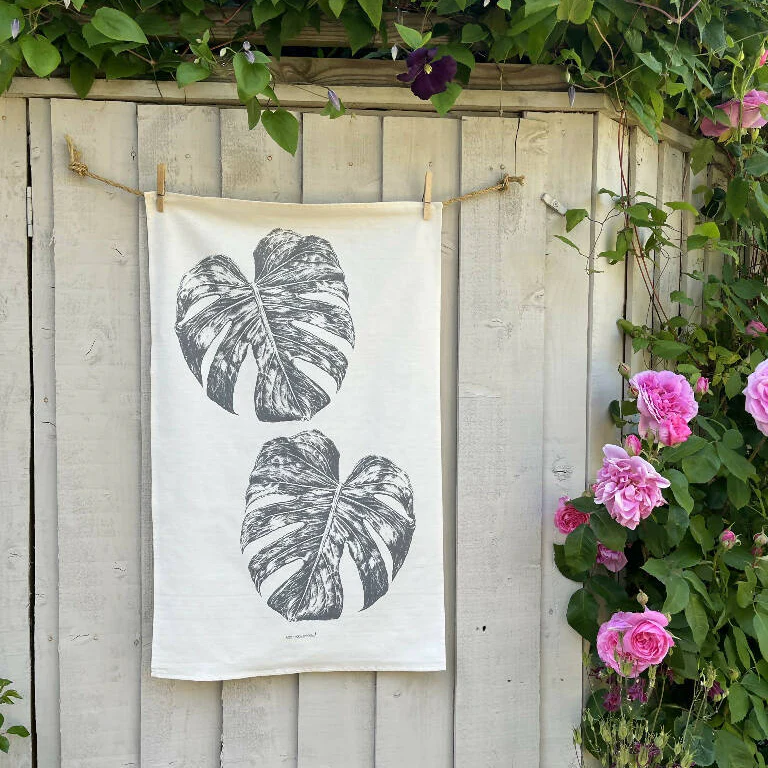 Set of Two Natural Cotton Tea Towels ~ Daisy and Monstera - Image 2