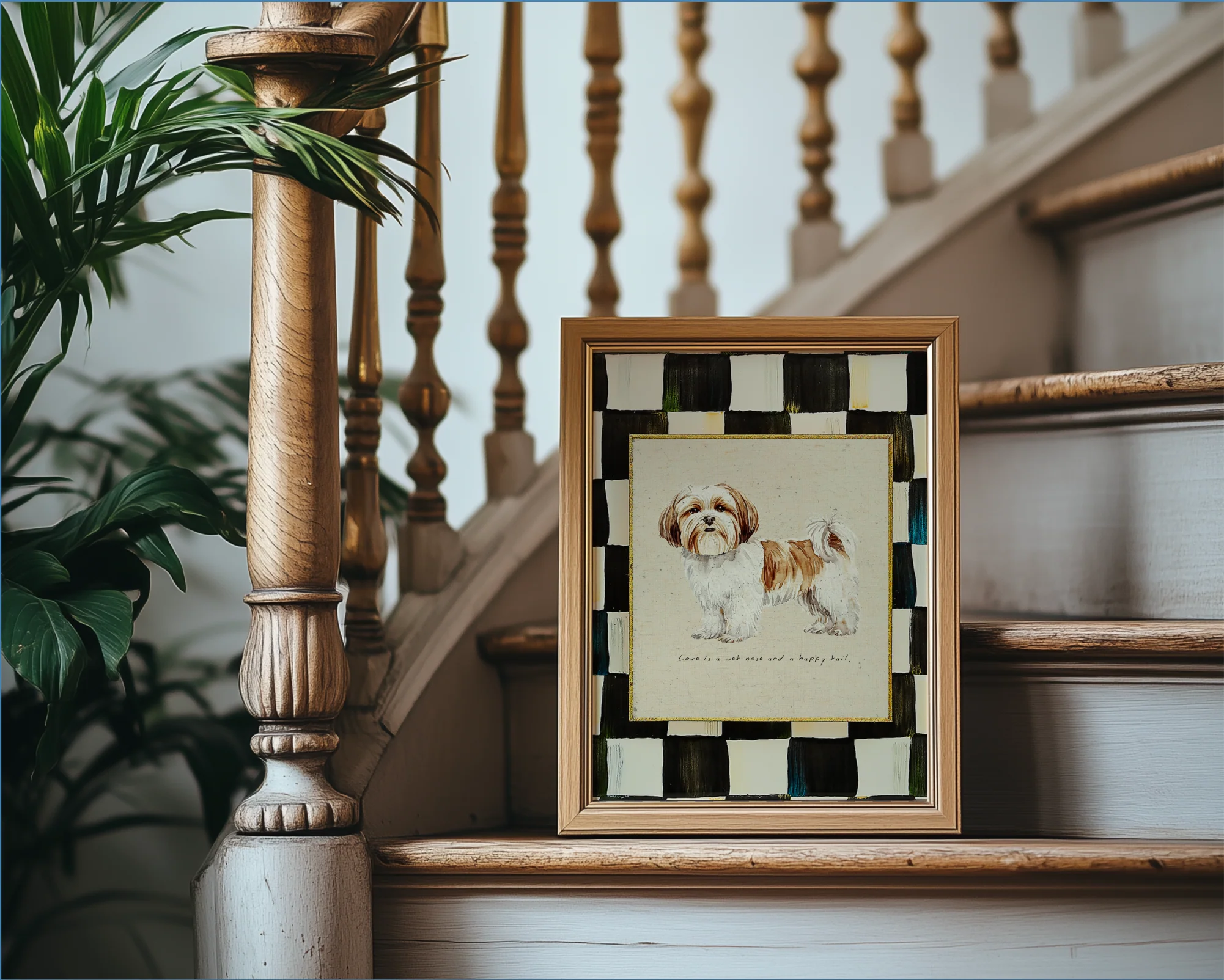 Shih Tzu Print, Black and White Check Wall Art, Shih Tzu Dog Illustration, Puppy Artwork - Image 2