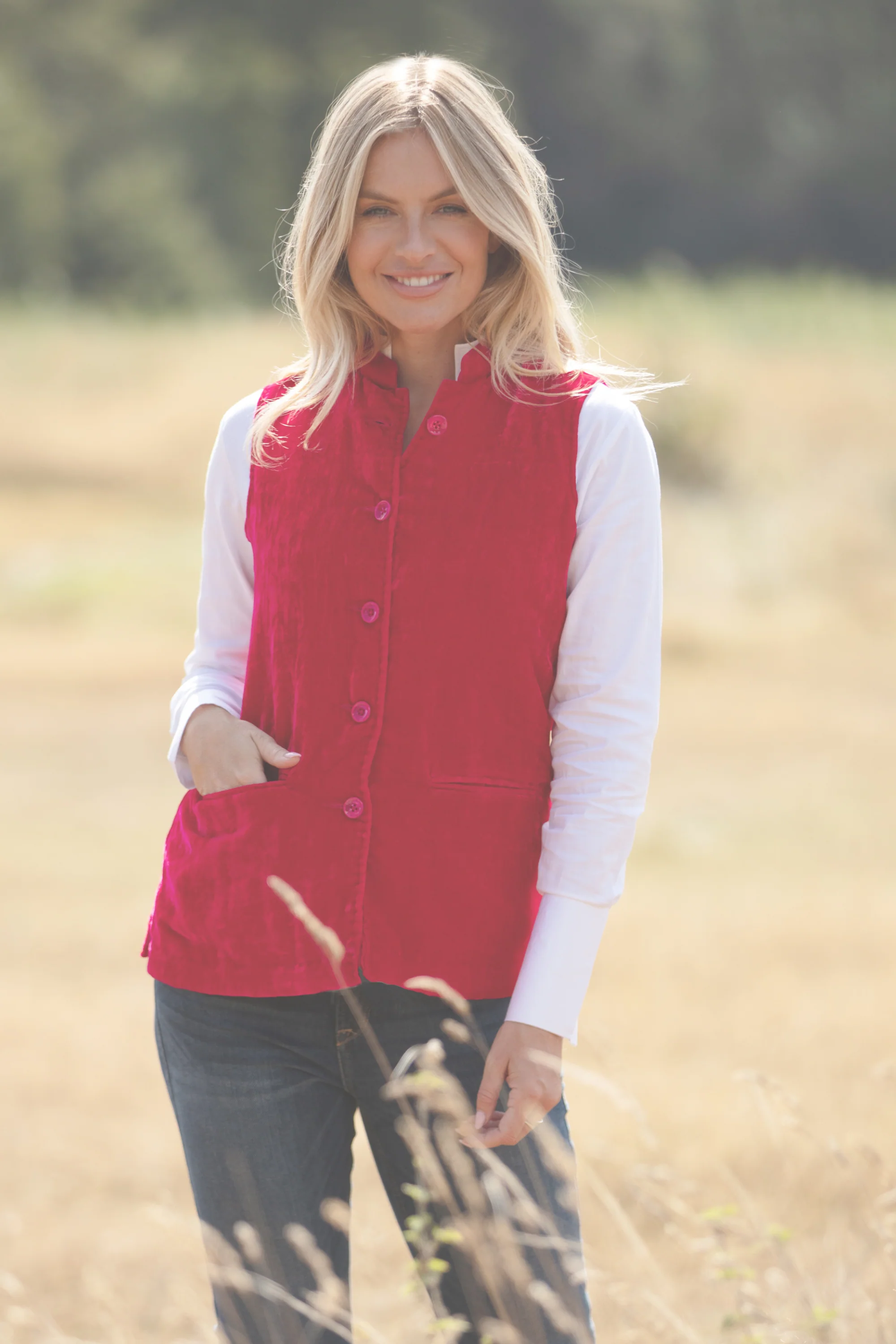 Short Silk Velvet Waistcoat In Hot Pink - Image 3