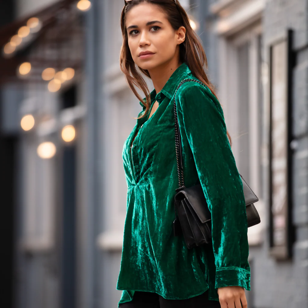Silk Velvet Shirt In Emerald Green