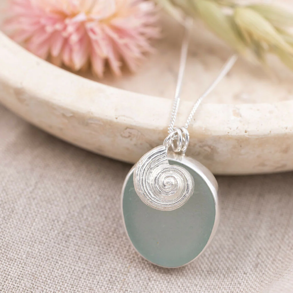 Silver Ammonite & Sea Glass Necklace
