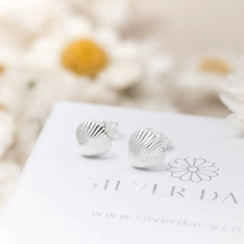 Silver Clam Shell Stud Earrings - Image 3