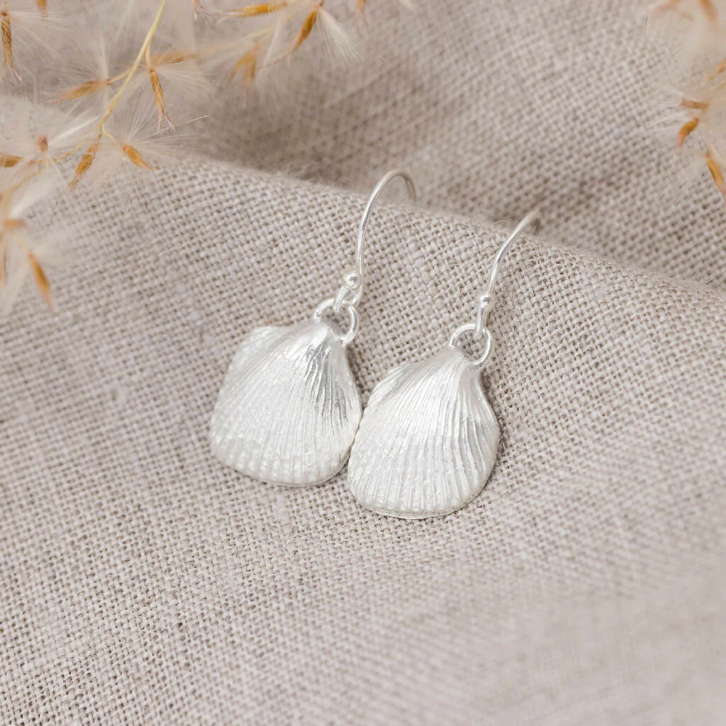 Silver Cockle Shell Drop Earrings - Image 3