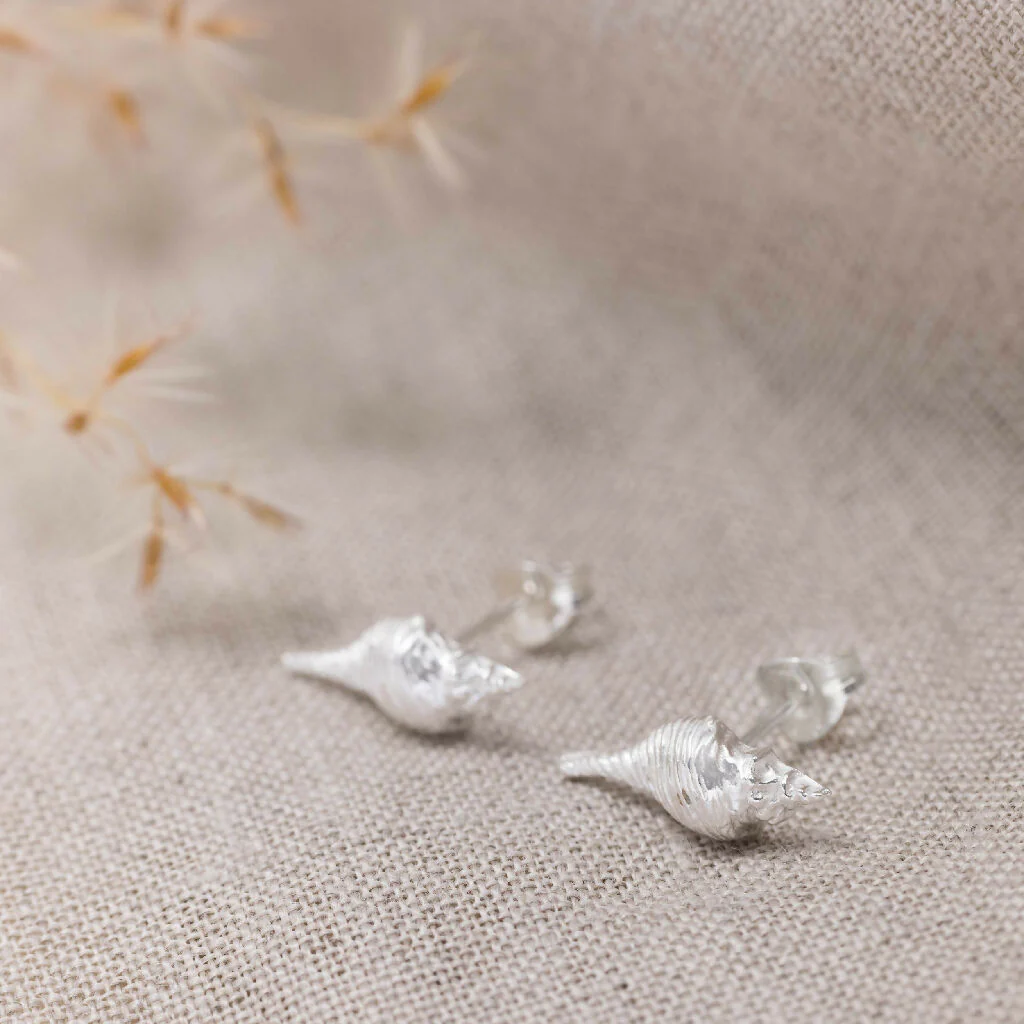Silver Conch Shell Stud Earrings - Image 2