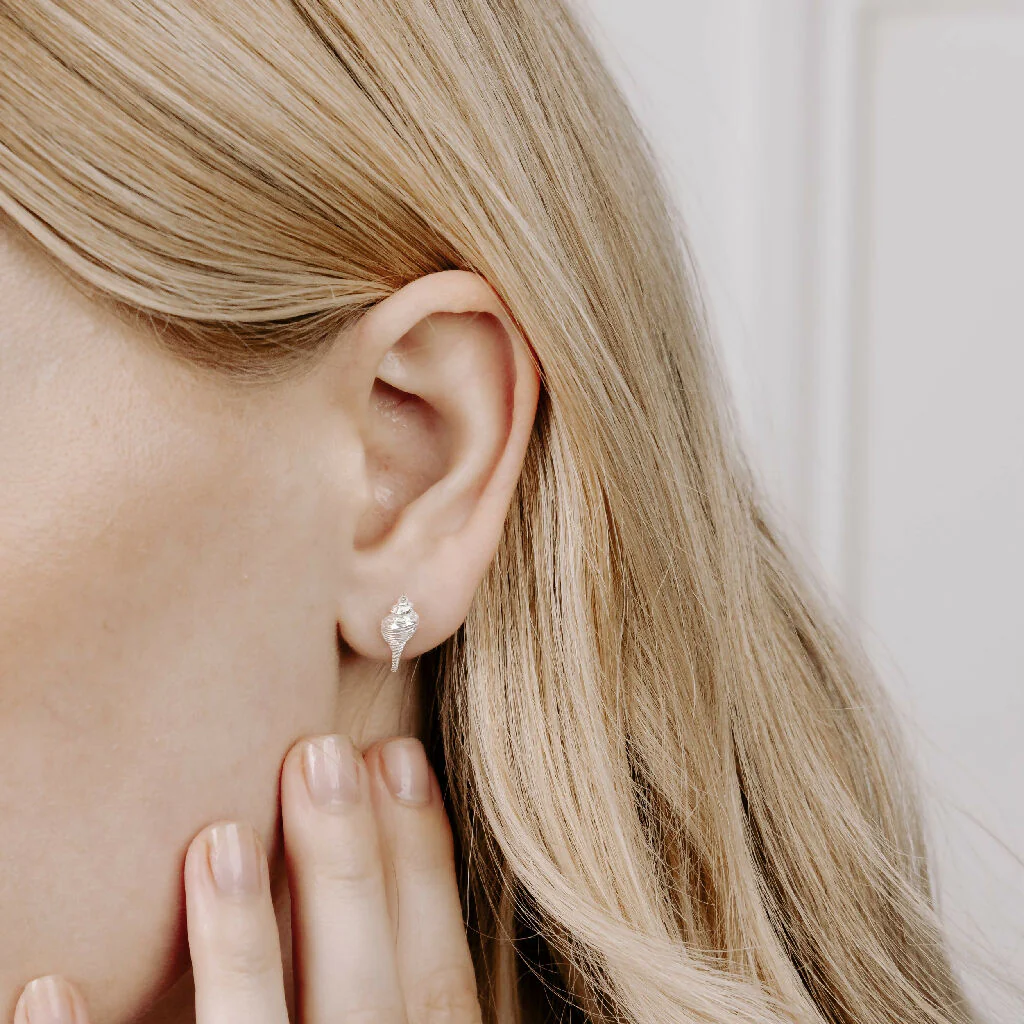Silver Conch Shell Stud Earrings - Image 3