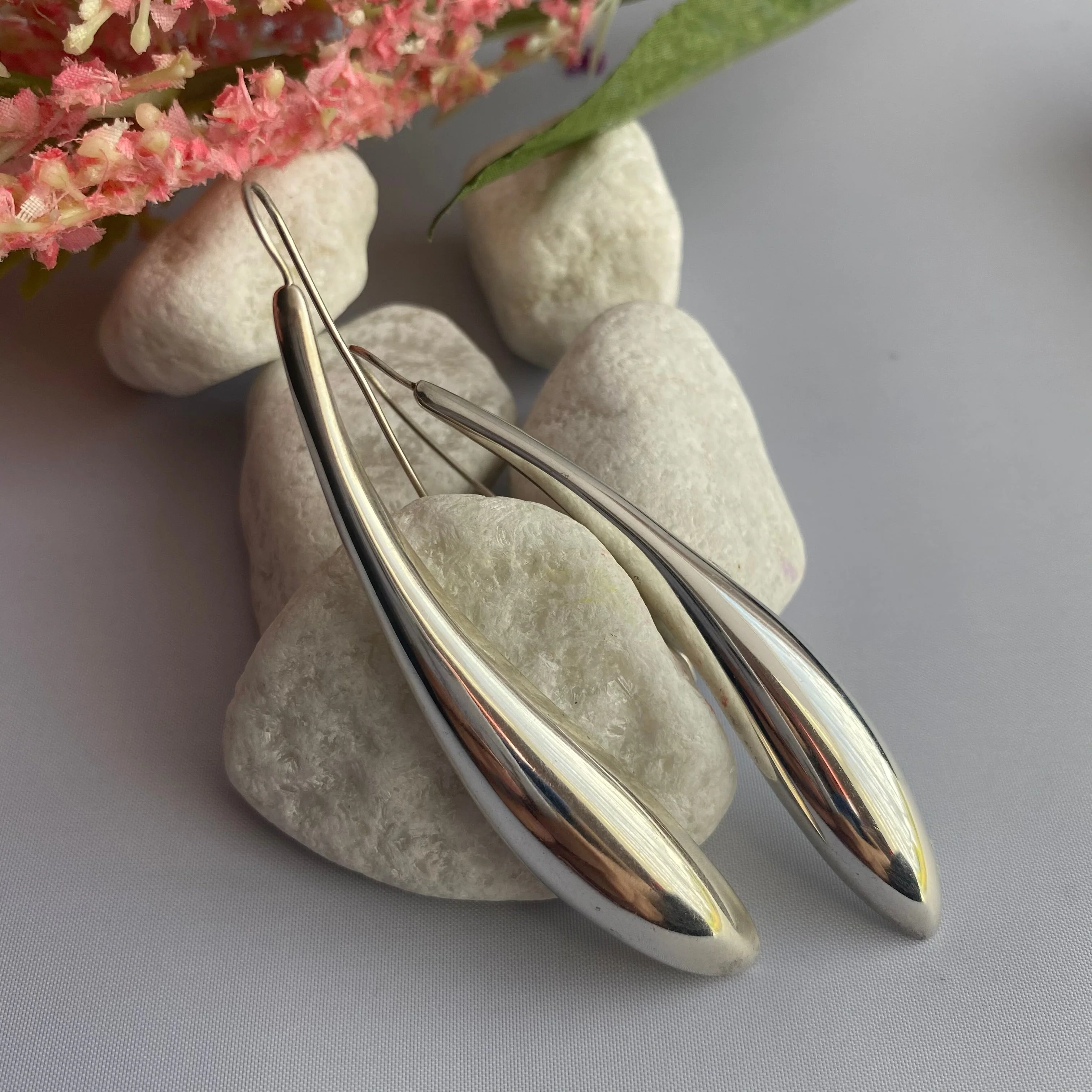 Silver Earrings - Long Curved Statement Earrings - Image 3