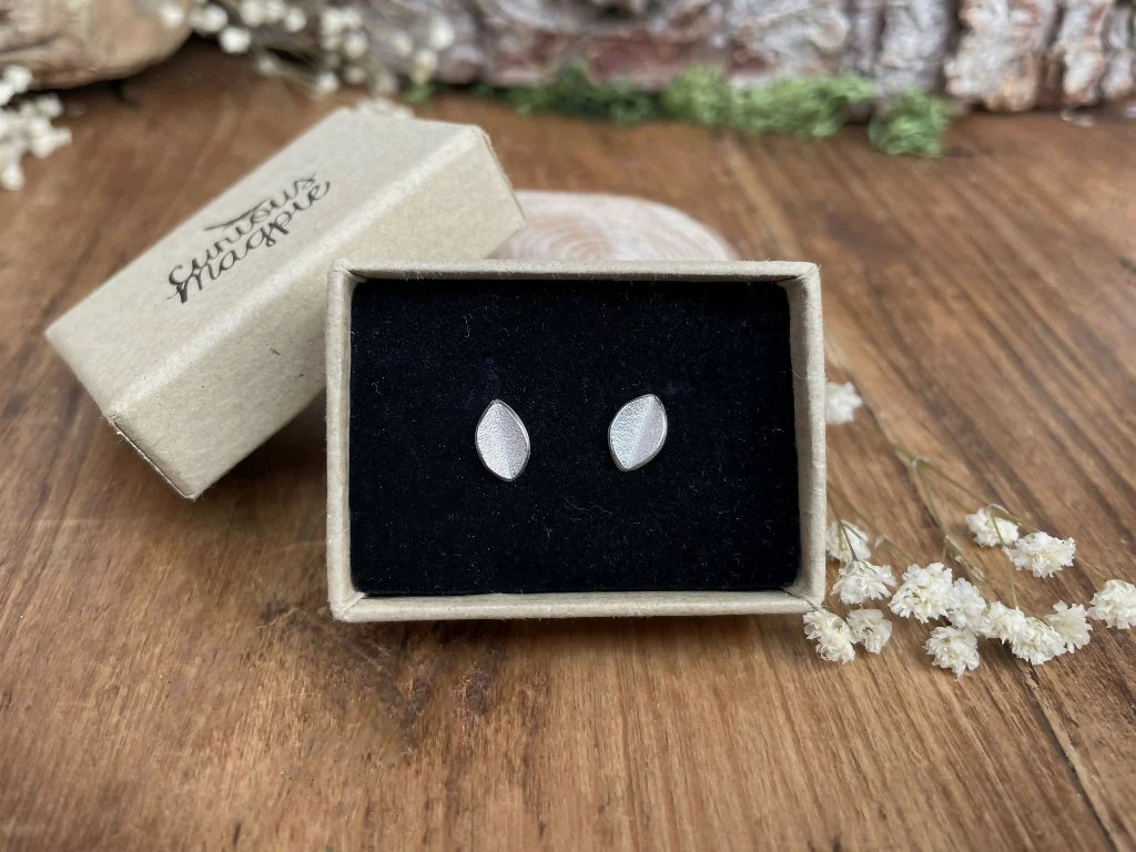 Silver Frosted Leaf Stud Earrings - Image 4