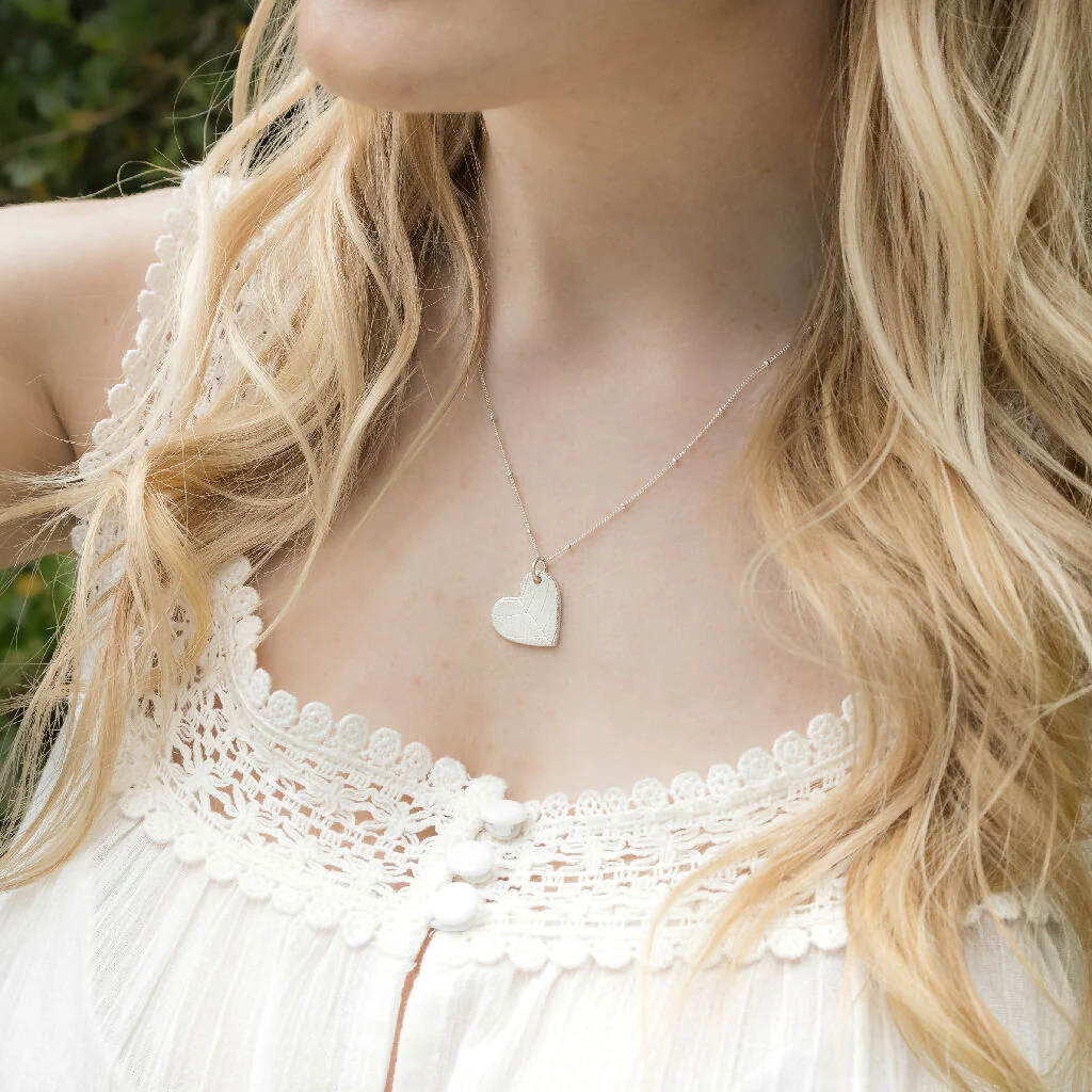 Silver Heart Leaf Print Pendant - Image 2