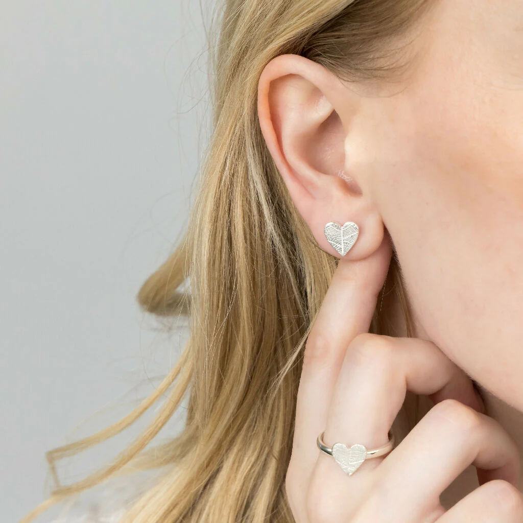 Silver Leaf Print Heart Earrings - Image 2