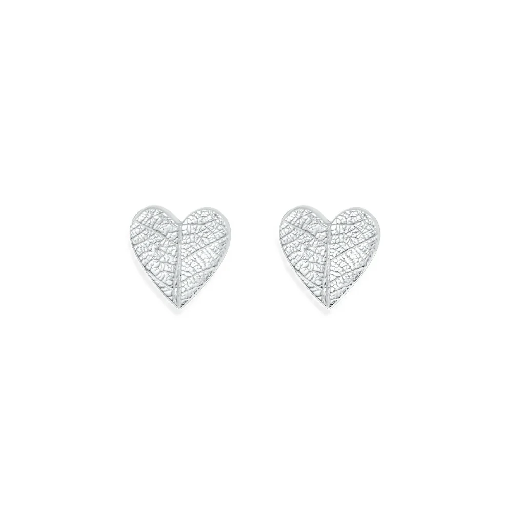 Silver Leaf Print Heart Earrings - Image 3