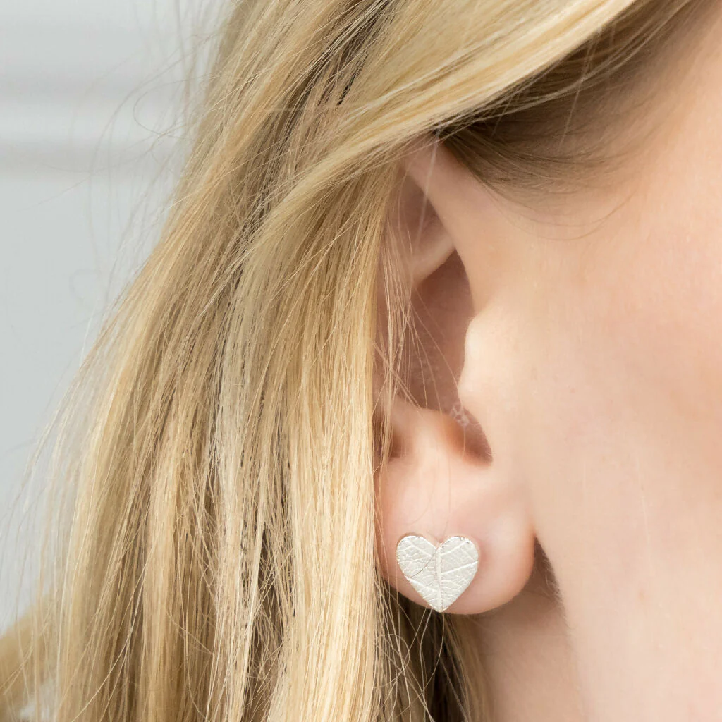 Silver Leaf Print Heart Earrings - Image 4