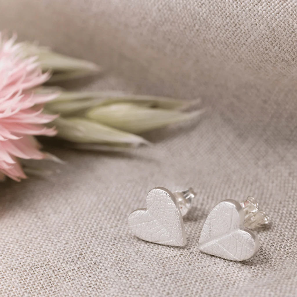 Silver Leaf Print Heart Earrings - Image 6